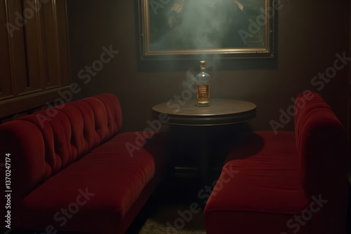A smoke-filled private lounge with deep red velvet seats and an untouched whiskey bottle, suggesting a hasty exit. 