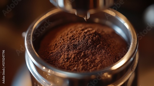 finely ground coffee in a portafilter, ready to be tamped for espresso extraction