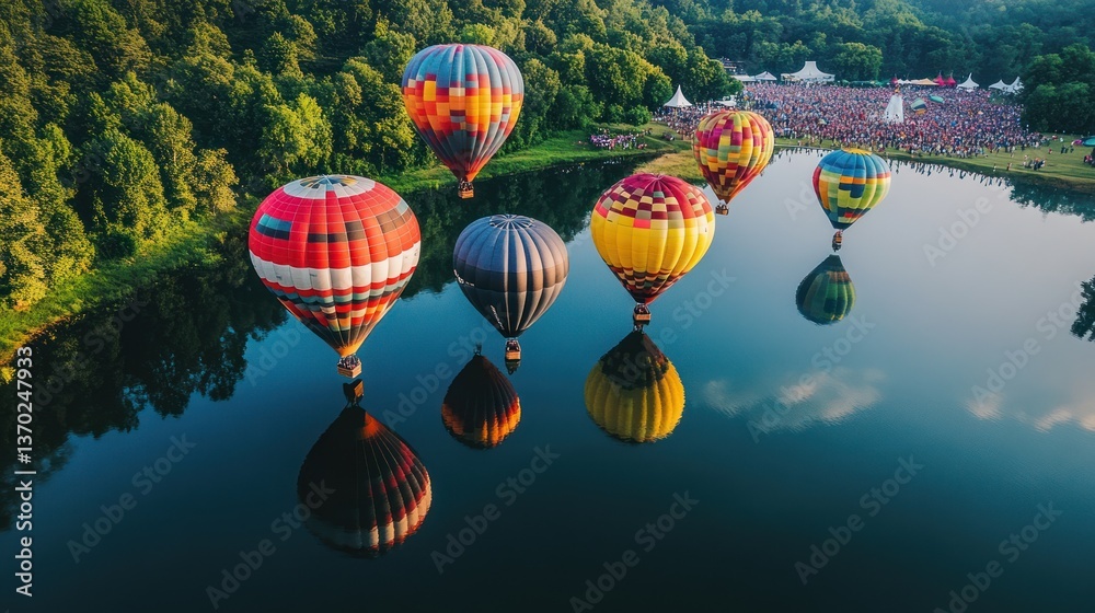Fototapeta premium Colorful hot air balloons over a lake, reflecting in the water, with a festival in the background. Lush green trees surround the tranquil scene