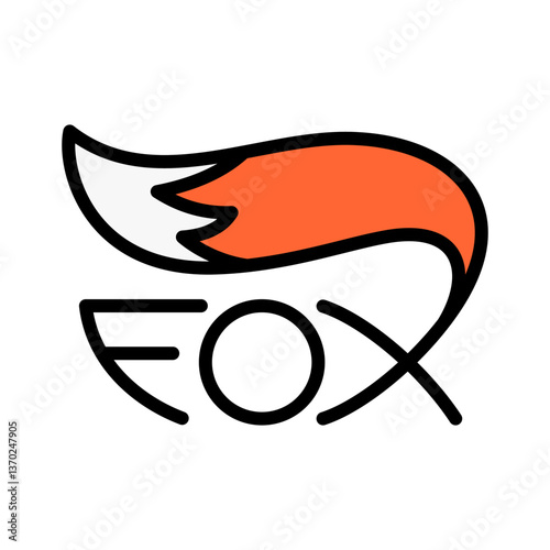 Fox word text logo with colored animal tail - thin black line design. Editable stroke.