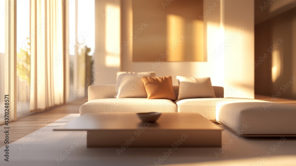Fototapeta premium Modern living room, morning sun, minimalist, comfortable
