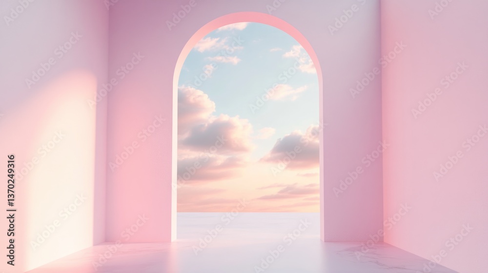 Sunset view through an archway in a pastel-colored room with soft clouds and tranquil sky Sunset view through an archway in a pastel-colored room with soft clouds and tranquil sky