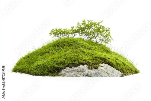 Small Green Hill with Moss and Trees Growing on Gray Stone
