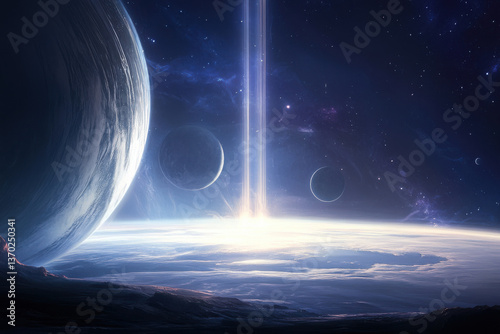 Light beam entering planet atmosphere in a distant galaxy with planets and stars