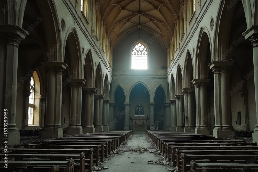Fototapeta premium A crumbling, abandoned cathedral once used as a secret meeting place for mafia deals. 