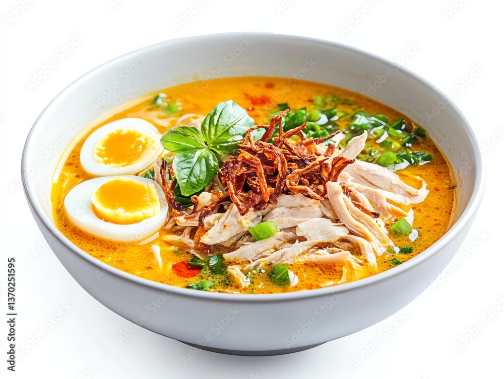 Serving of Chicken Ramen Noodle Soup with Egg and Basil Topping Serving of Chicken Ramen Noodle Soup with Egg and Basil Topping
