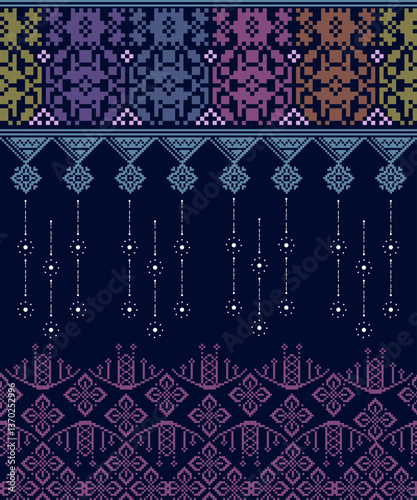Seamless Cross-Stitch design pattern on dark background. Geometric ethnic oriental embroidery traditional.Aztec style, abstract vector illustration. Design for texture,fabric,clothing,print, Asia.