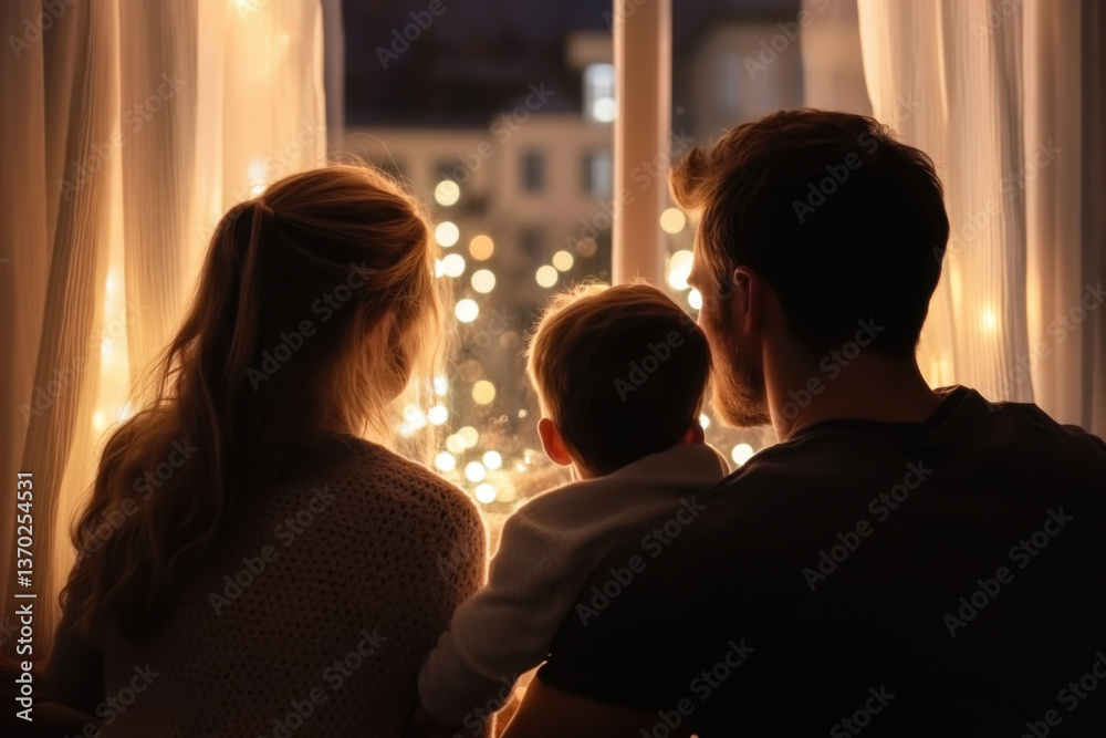 Family looking out the window at night enjoying christmas lights