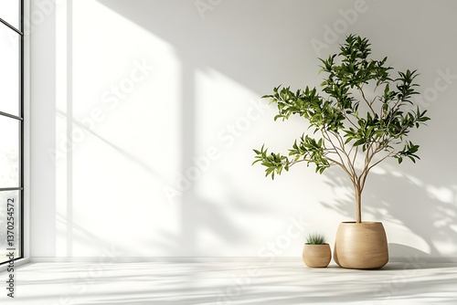 Bright interior with window light, potted plant, and blank white wall. Modern design photo