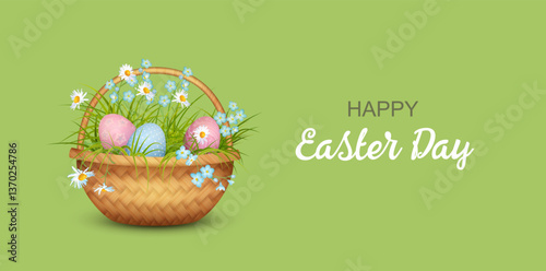 Happy Easter banner. Easter basket with eggs and spring flowers and grass