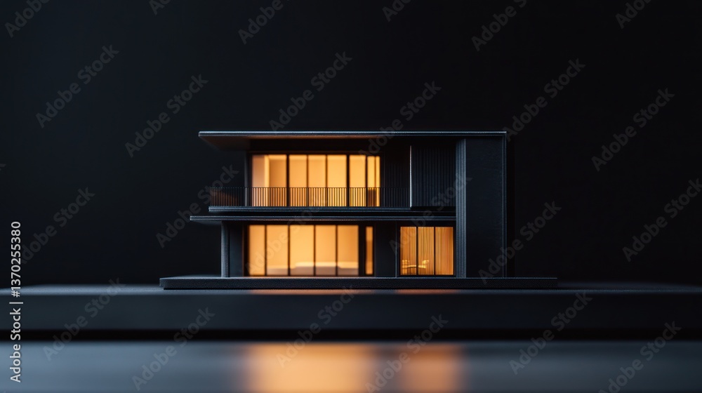 Modern house model, lit interior, dark background, architectural design, product display, 3D rendering Modern house model, lit interior, dark background, architectural design, product display, 3D rendering