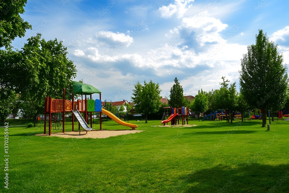 Playground on green lawn with slides and climbing structures under blue sky Playground on green lawn with slides and climbing structures under blue sky