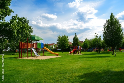 Playground on green lawn with slides and climbing structures under blue sky