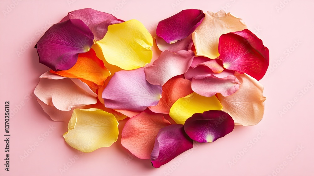 Colorful Rose Petals Arranged in Heart Shape on Soft Pink Background Colorful Rose Petals Arranged in Heart Shape on Soft Pink Background