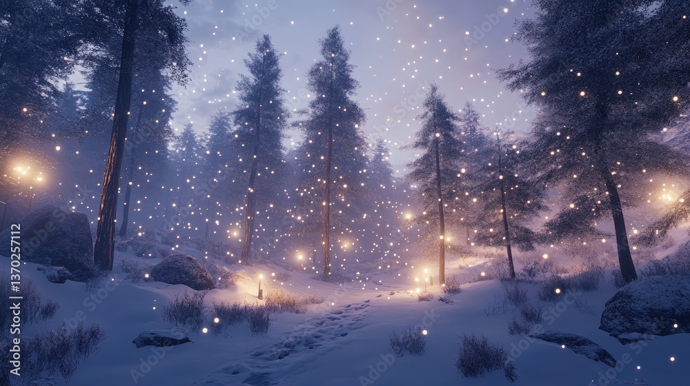Fototapeta premium Enchanted Winter Forest with Snowfall and Gentle Glowing Lights
