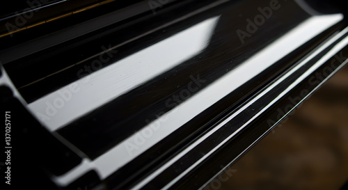 Elegant close-up of a glossy black piano surface reflecting light patterns