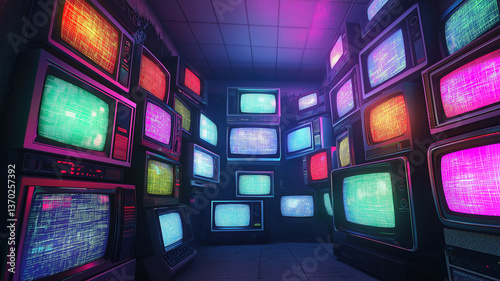 Retro room of vintage televisions with static noise and glitch effects on screens