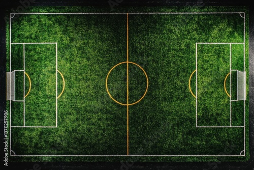 Green artificial grass turf soccer football field background with white and yellow line boundary. Top view