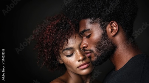 This intimate photograph captures a couple in a tender moment, their foreheads touching in an atmosphere filled with emotion and love, highlighted by soft lighting and deep shadows.