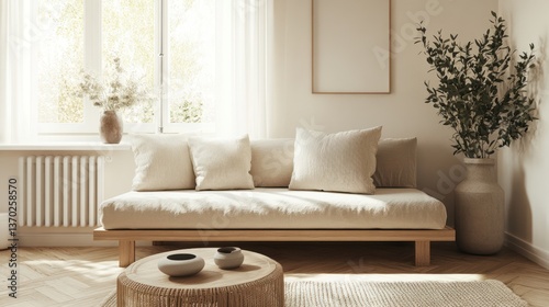 Minimalist living room with beige tones.  Sunlit, cozy, and simple space