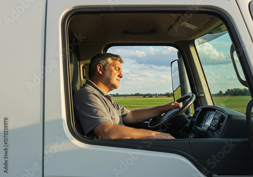 Tired driver sleeping on steering wheel in car, view from window
