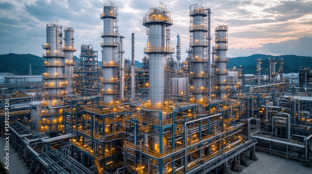 Illuminated industrial refinery complex at twilight, showcasing intricate pipelines and towering structures against a mountain backdrop. Illuminated industrial refinery complex at twilight, showcasing intricate pipelines and towering structures against a mountain backdrop.