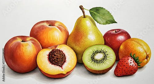 Elegant watercolor depiction of assorted fruits including peaches, pear, kiwi, and strawberry