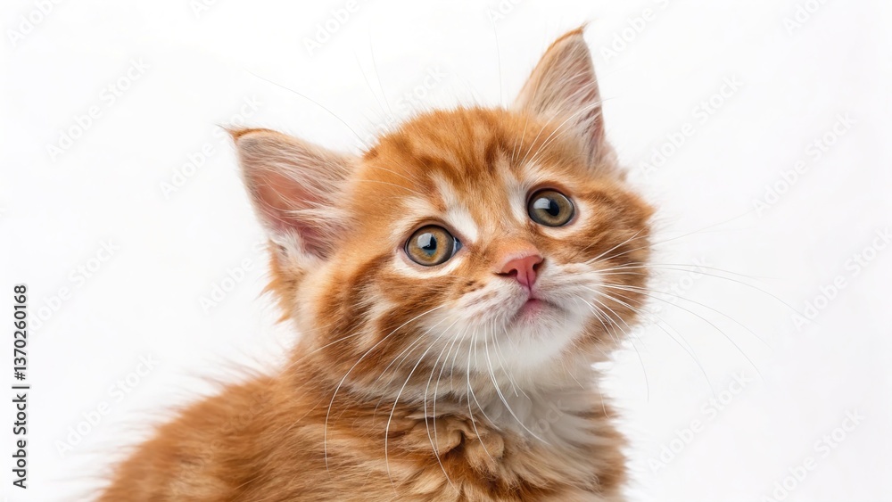 Ginger Tabby Kitten: Close-Up Portrait with Wide-Eyed Expression and Soft Fur Texture on White Background Ginger Tabby Kitten: Close-Up Portrait with Wide-Eyed Expression and Soft Fur Texture on White Background