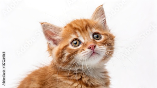 Ginger Tabby Kitten: Close-Up Portrait with Wide-Eyed Expression and Soft Fur Texture on White Background