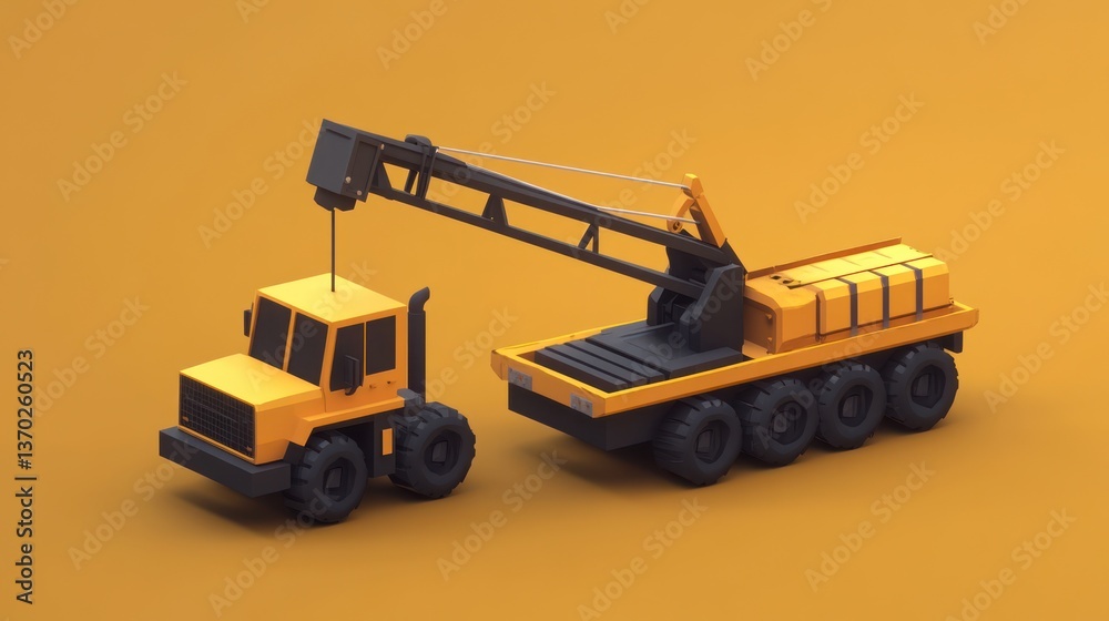 Obraz premium 3D Low Poly Crane Truck Lifting Object on Orange Background, illustration