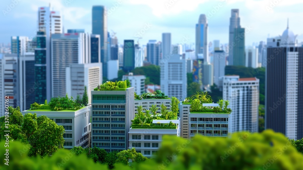 Obraz premium A city skyline featuring green-roofed buildings amidst a modern urban landscape, showcasing a blend of nature and architecture.