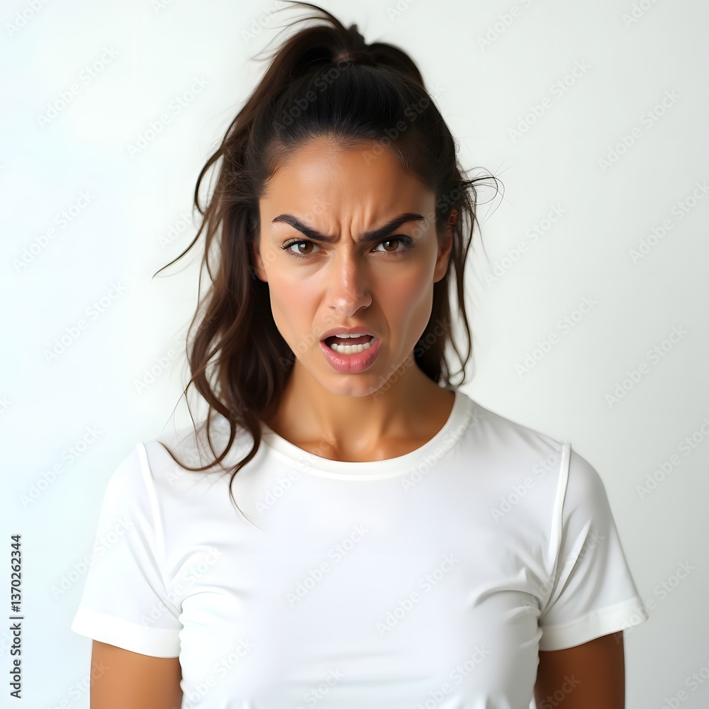 Fototapeta premium angry woman wearing t shirt portrait on white background