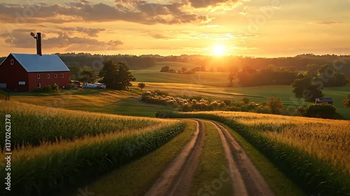 Rural Farm Sunset Landscape with Red Barn and Golden Fields