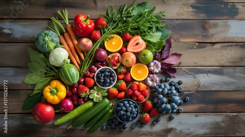 A top-down photograph of fresh fruits and vegetables arranged on a rustic wooden background, creating a vibrant and colorful flat lay