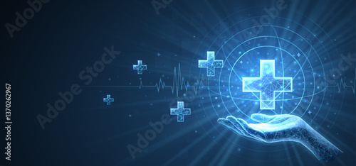 Hand holding a medical cross icon. Abstract background, hospital treatment, digital doctor.