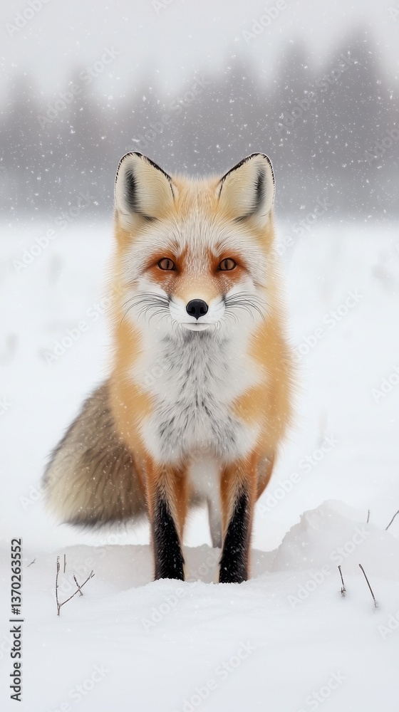 Obraz premium Majestic Fox Stands Gracefully in Snowfall, Winter Wildlife Photography