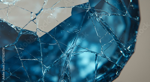 Cracked blue topaz gem showing a myriad of internal fractures and reflections