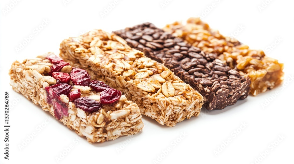 Variety of Healthy Granola Bars with Nuts and Fruits on White Background Variety of Healthy Granola Bars with Nuts and Fruits on White Background