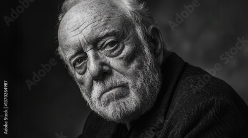 a dramatic black-and-white studio portrait of a distinguished older man with deep wrinkles, intense gaze, and moody lighting. 
