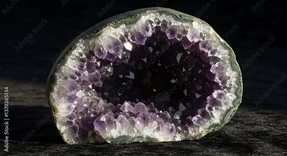 Dramatic close-up of an amethyst geode with glittering crystals and rough stone exterior Dramatic close-up of an amethyst geode with glittering crystals and rough stone exterior