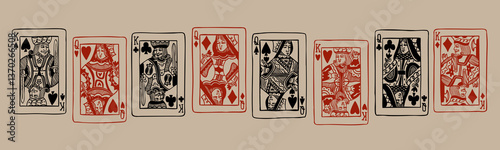 Queens and Kings of diamonds, clubs, hearts, spades. Playing Royal cards. Gambling, poker concept. Unique trendy style. Hand drawn modern Vector illustration. Poster, print, logo design templates