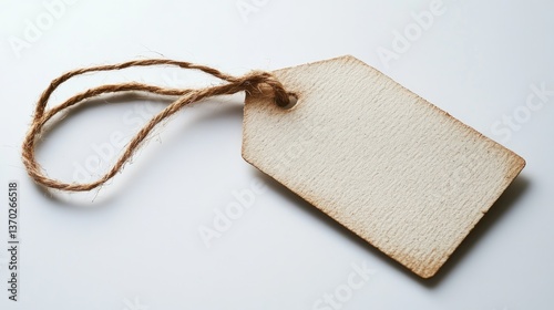 Cream Blank Label Tied to String on White Background, Flat Design with Focus on Shape and Texture, Ideal Customizable Template for Graphic Designers Seeking Simple Clean Elements

