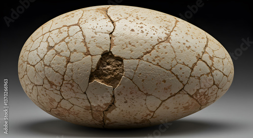 Fossilized dinosaur egg with cracked shell revealing ancient origins, preserved through time