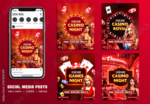 Casino Night, Social Media Editable Posts Set with Gambling Elements for Event or Advertisements.