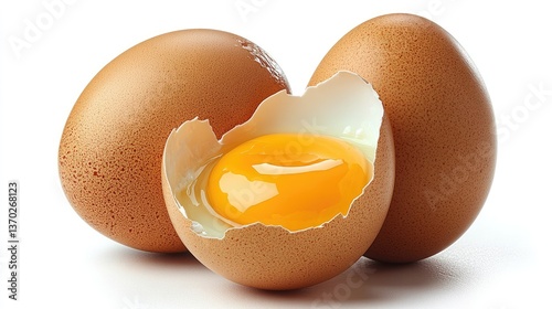  Two Brown Eggs with One Broken and Yolk Halved, Isolated on White Background, Highlighting the Contrast of textures and Forms
