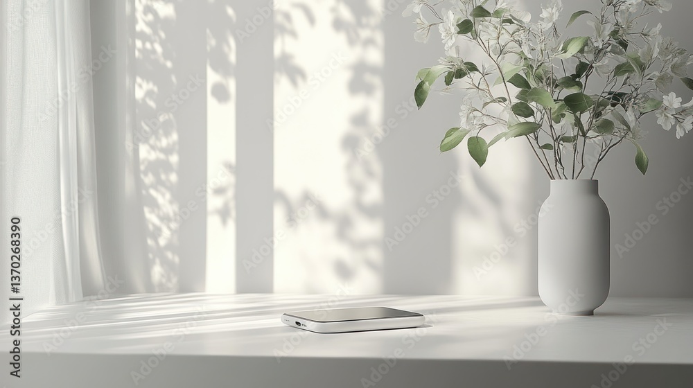 Minimalist, sunlit, windowsill display with a phone and flowers Minimalist, sunlit, windowsill display with a phone and flowers