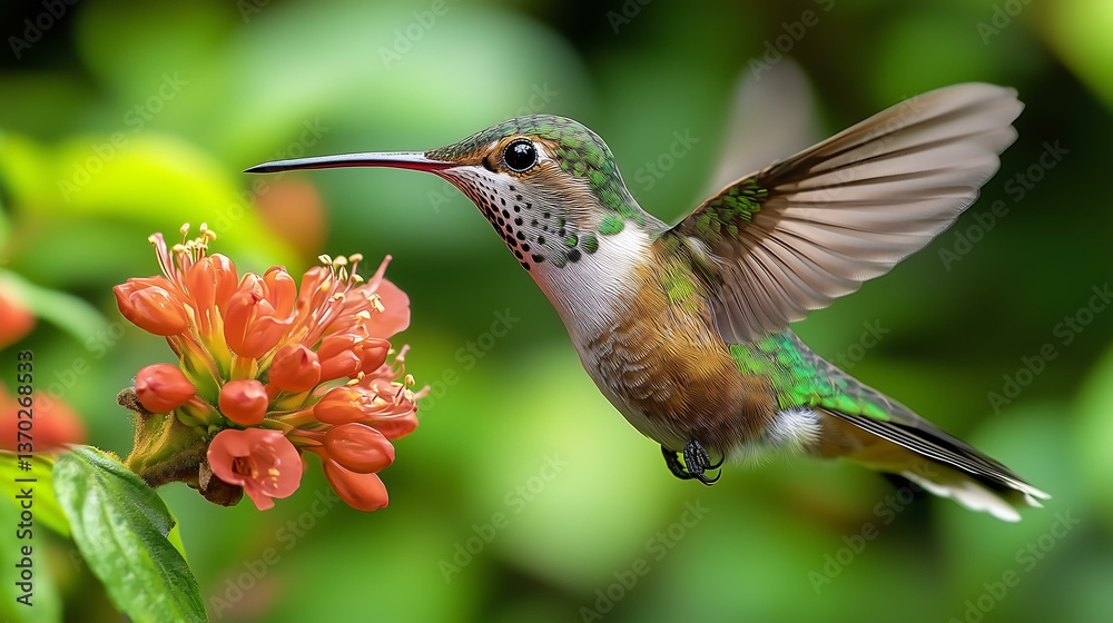 Fototapeta premium Tropical hummingbird feeding wildlife photography in a lush garden