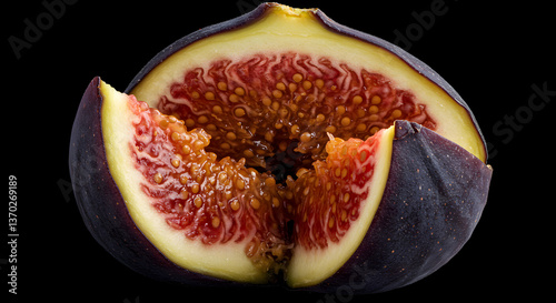 Ripe fig cut open revealing its seedy interior against stark black backdrop
