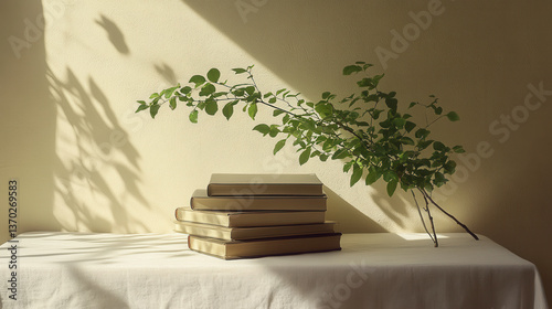 A serene interior still life with hardbound books stacked asymmetrically on a white cloth table, a delicate sprig of greenery balancing above, soft sunlight entering from the left creating diagonal 