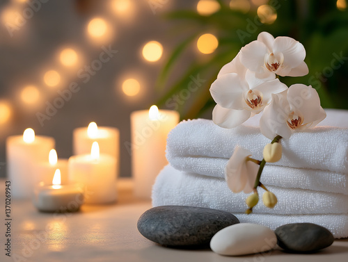 Relaxing Spa Scene with Candles, Towels, and Orchids